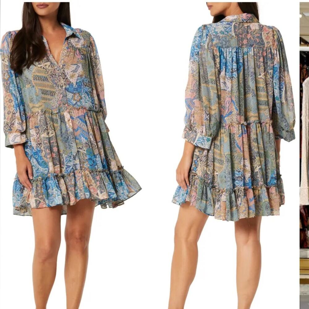 MISA LOS ANGELES Mita Long Sleeve Shirtdress Color: Patchwork Batik XS NWT